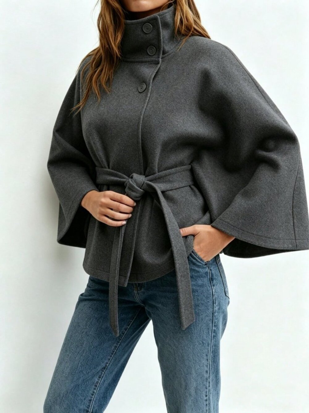 Dark Grey Elegant Women's Cape Coat With Stand Collar